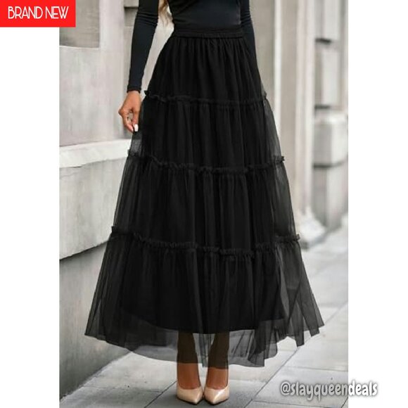 Tulle Maxi Skirt High Waist Elastic Fairy Tiered A-Line Long Skirt - Picture 3 of 8